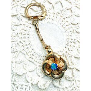 Vintage Blue Aurora Borealis Rhinestone Flower Key Chain - Free Shipping - Mom